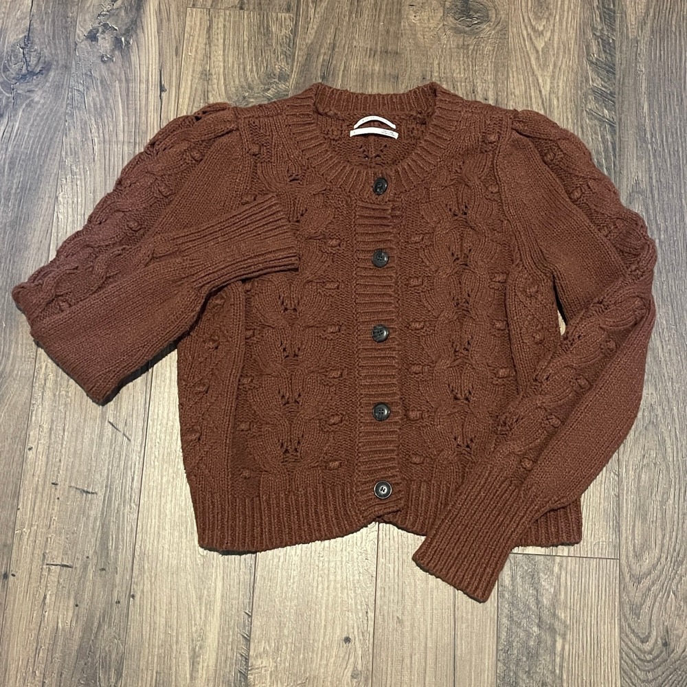 Anthropologie Brown Cable Knit Popcorn Puff Sleeve Cardigan Sweater Large